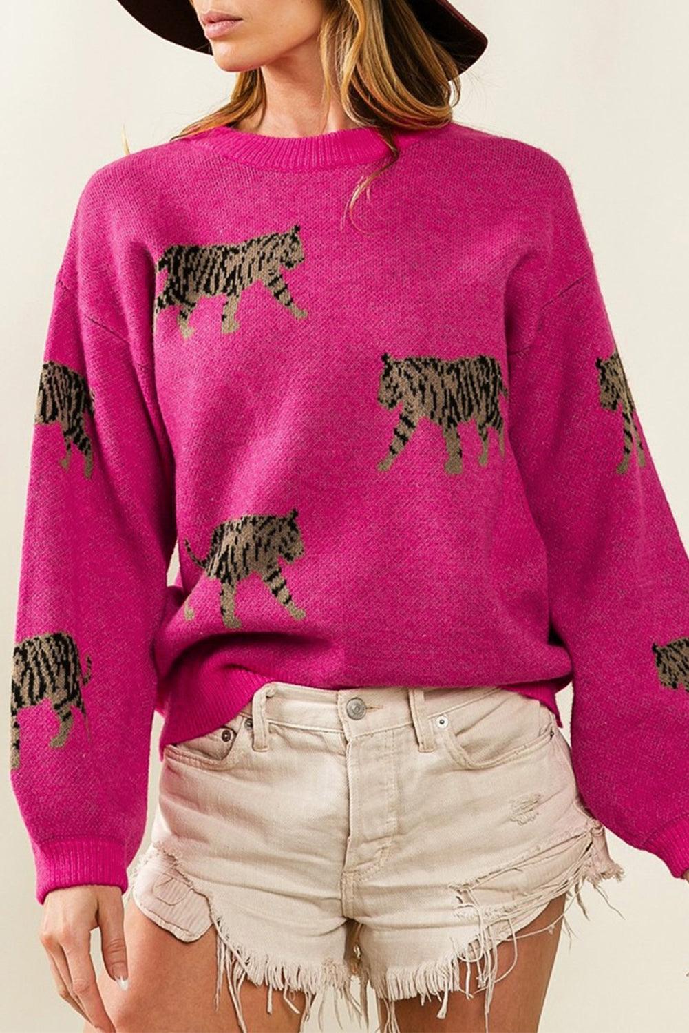 Rose Red Fierce Animal Pattern Casual Knitted Sweater - L & M Kee, LLC