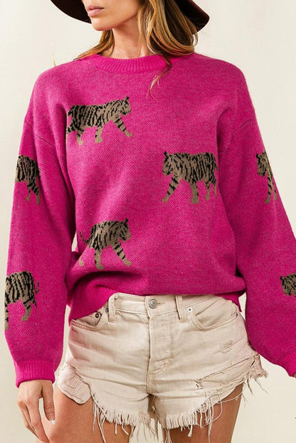 Rose Red Fierce Animal Pattern Casual Knitted Sweater - L & M Kee, LLC