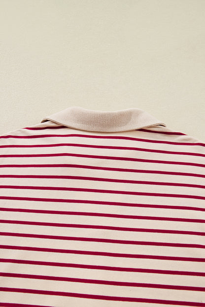 Red Stripe Cropped Collared Drop Shoulder Pullover and Bubble Mini Skirt Set