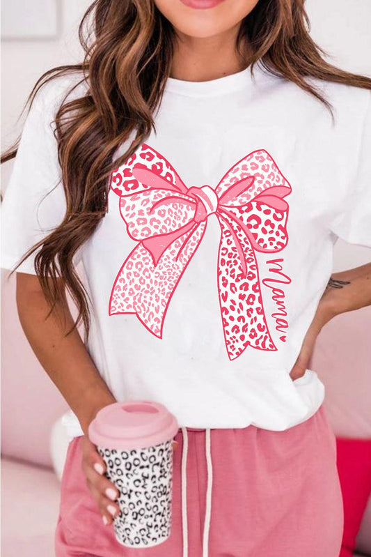 White Leopard Bow Graphic Mothers Day Fashion T Shirt