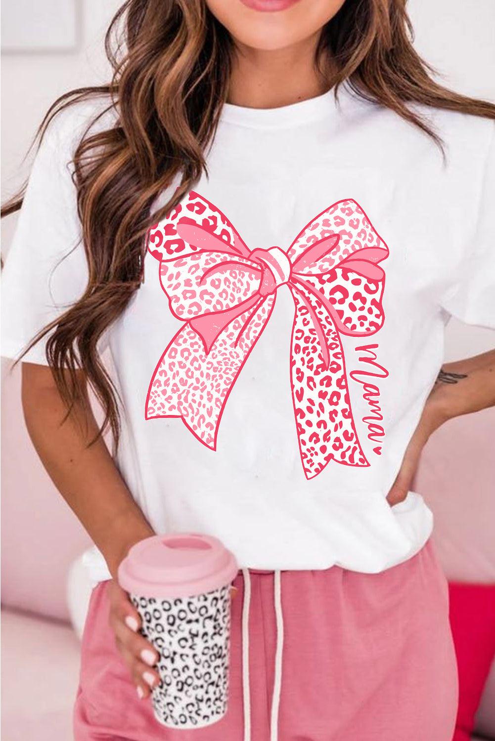 White Leopard Bow Graphic Mothers Day Fashion T Shirt - L & M Kee, LLC