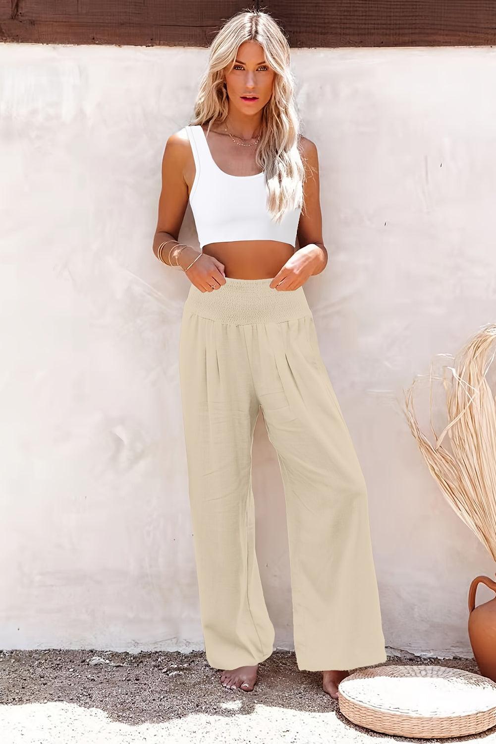 Khaki Smocked Wide Waistband High Waist Wide Leg Pants - L & M Kee, LLC