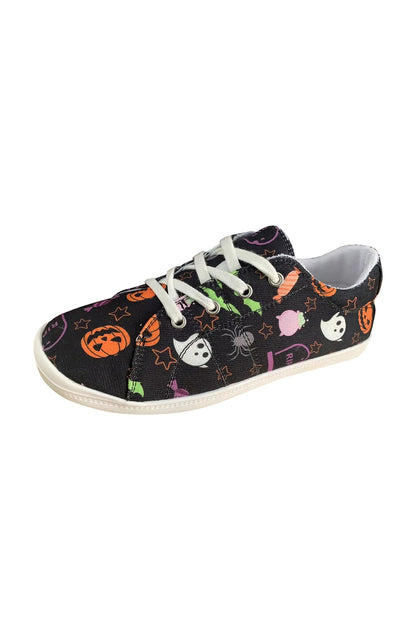 Black Halloween Pumpkin Ghost Print Lace-up Flat Shoes