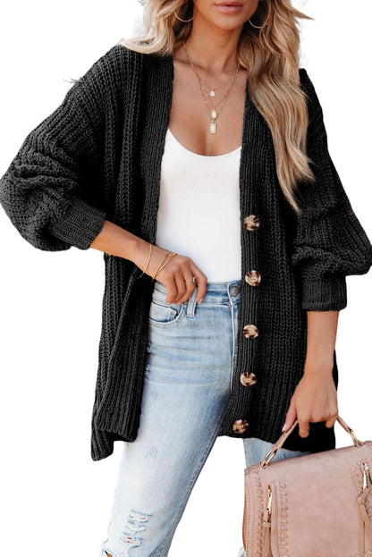 Black Buttoned Front Drop Shoulder Knitted Cardigan - L & M Kee, LLC