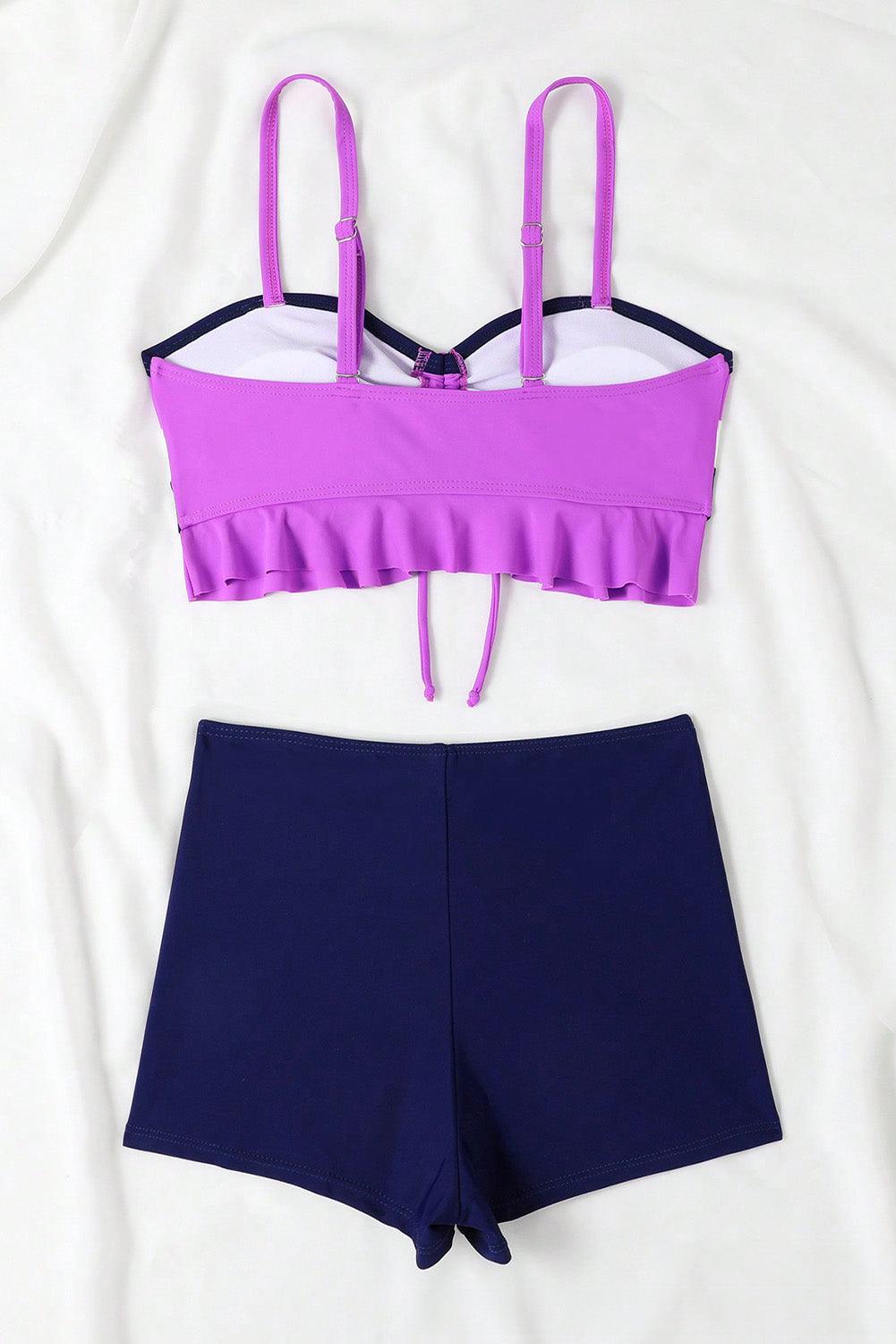 Dark Purple Colorblock Ruffled Drawstring Tie Shorts Bikini - L & M Kee, LLC