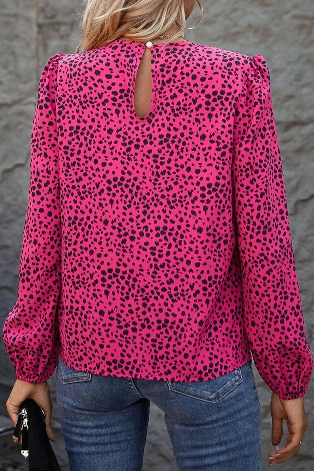 Leopard Print Pleated Blouse with Keyhole - L & M Kee, LLC