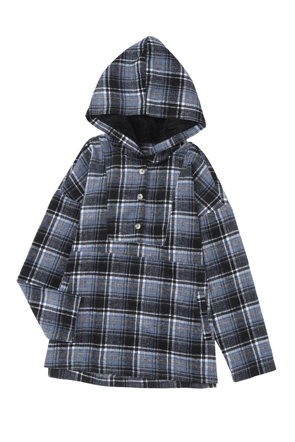 Black Plaid Button Neck Pocketed Pullover Hoodie - L & M Kee, LLC