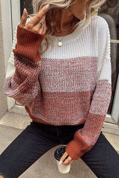 Brown Color Block Drop Shoulder Ribbed Trim Sweater - L & M Kee, LLC