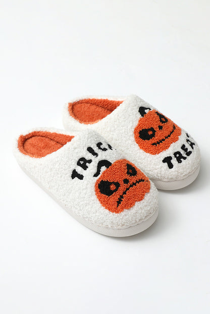 White Halloween Pumpkin Trick Or Treat Plush Slippers