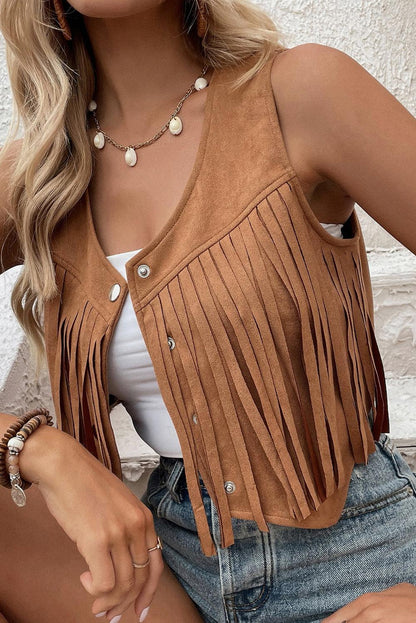 Camel Fringed Snap Button Front Suedette Vest - L & M Kee, LLC