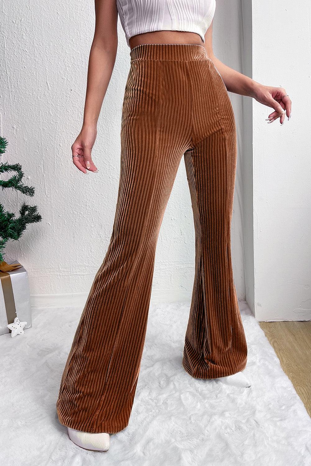 Chestnut Solid Color High Waist Flare Corduroy Pants - L & M Kee, LLC