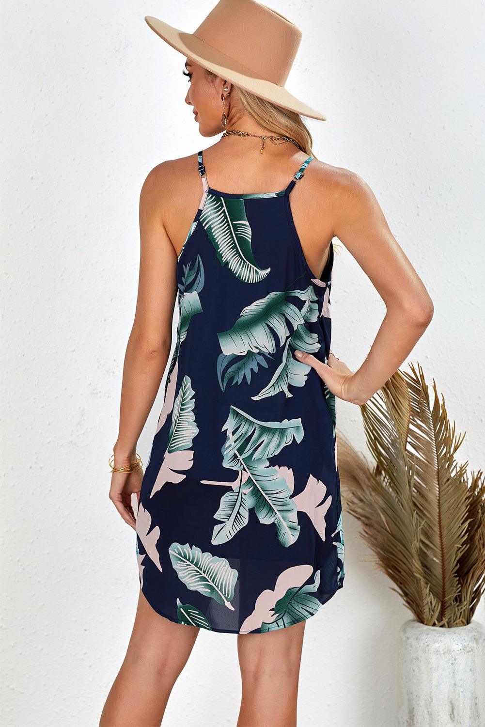 Palm Tree Leaf Print Navy Sleeveless Dress - L & M Kee, LLC