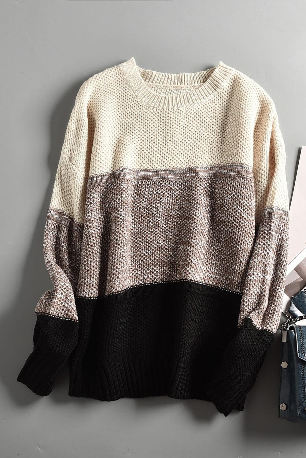 Gray Color Block Netted Texture Pullover Sweater - L & M Kee, LLC