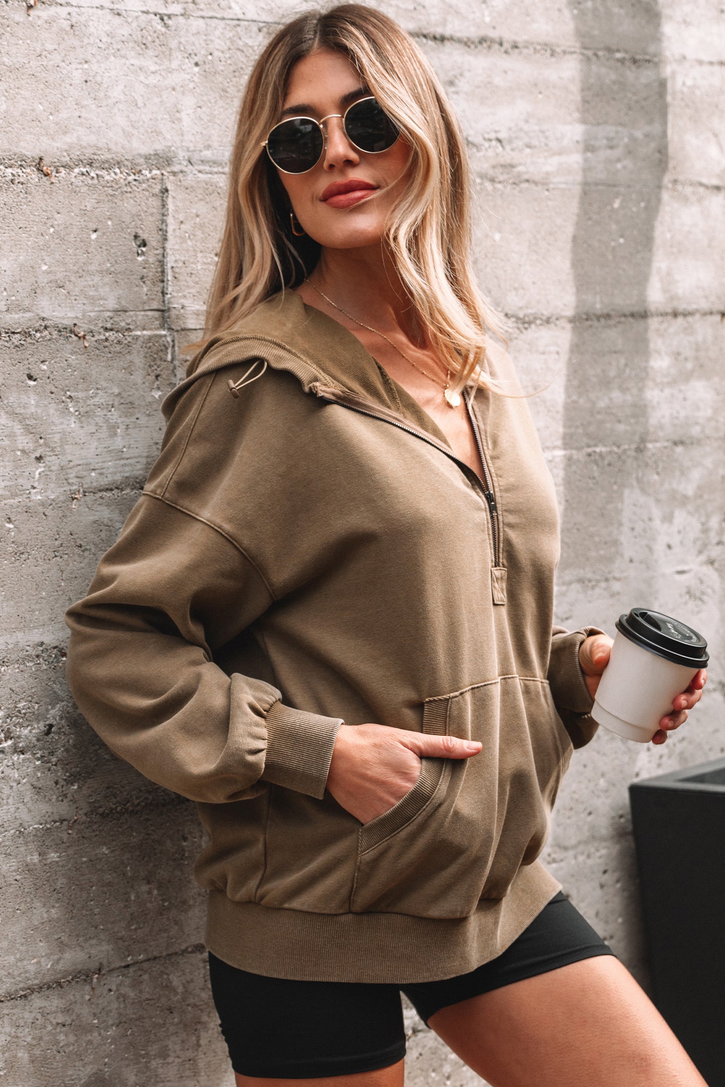 Black Half Zip Kangaroo Pocket Mineral Wash Baggy Hoodie