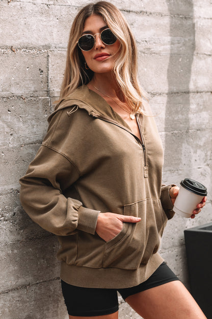 Black Half Zip Kangaroo Pocket Mineral Wash Baggy Hoodie