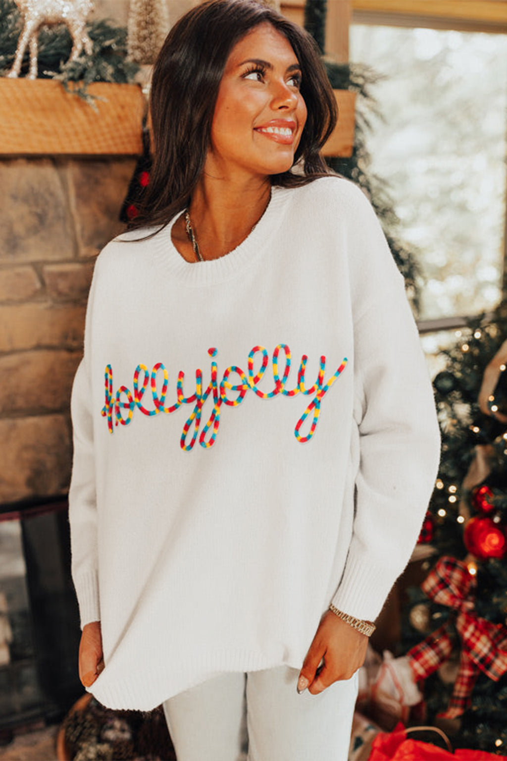 Beige Colorful Holly Jolly Christmas Knit Loose Sweater
