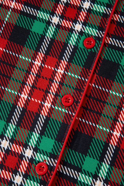 Racing Red Retro Plaid Leopard Print Patchwork Long Sleeve Shorts Pajama Set