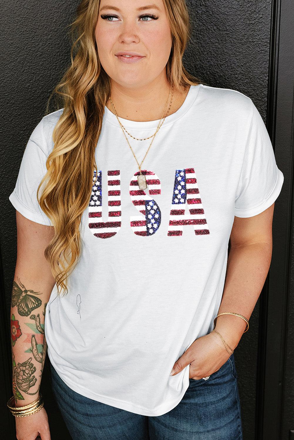 White Sequin American Flag USA Graphic Plus Size T Shirt