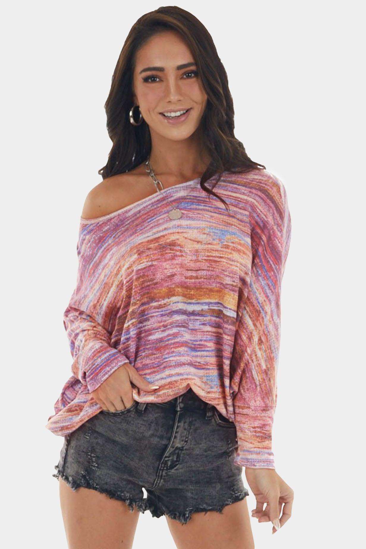 Multicolor Tie-dyed Boat Neck Dolman Sleeve Knit Top - L & M Kee, LLC