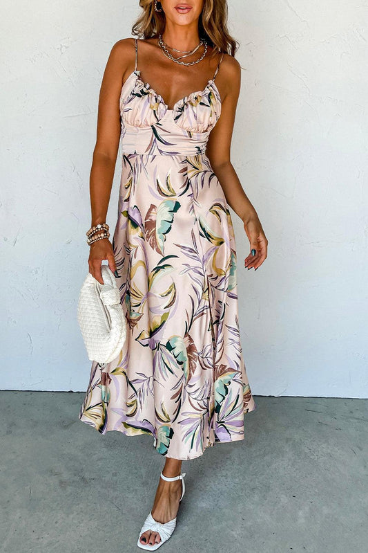 Apricot Tropical Print Spaghetti Straps Cupped Dress - L & M Kee, LLC