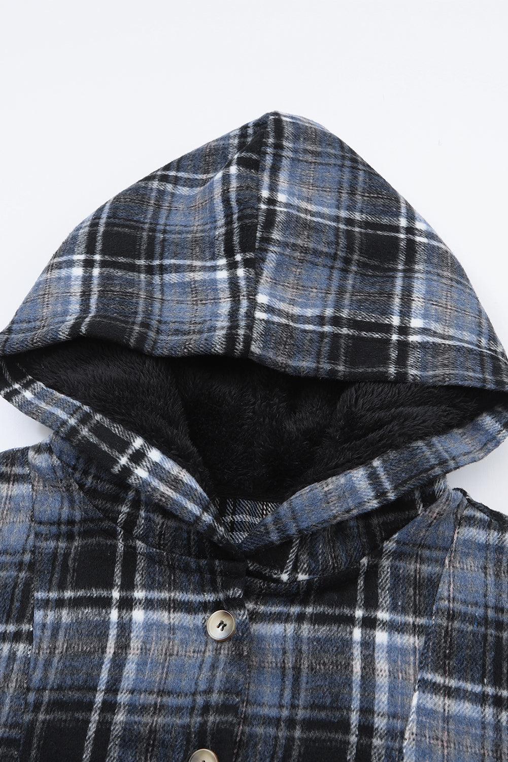 Black Plaid Button Neck Pocketed Pullover Hoodie - L & M Kee, LLC