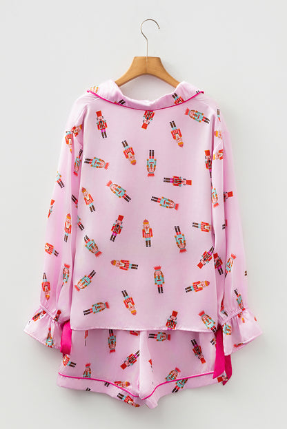 Pink Nutcracker Print Contrast Trim Tied up Bow Silky 2pcs Pajama Set