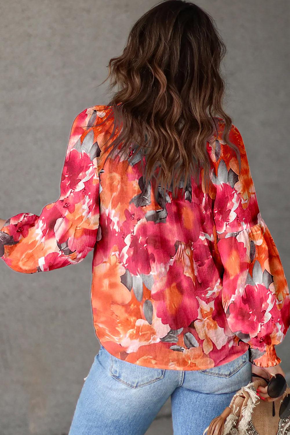 Red Floral Print Split Neck Tassel Tie Blouse - L & M Kee, LLC