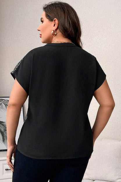 Black Plus Size Sequined Patchwork V Neck Tee - L & M Kee, LLC