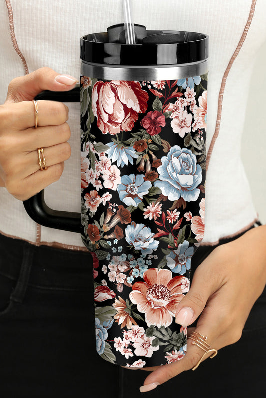 Color black Floral Print Stainless Steel Large Portable Cup 40oz