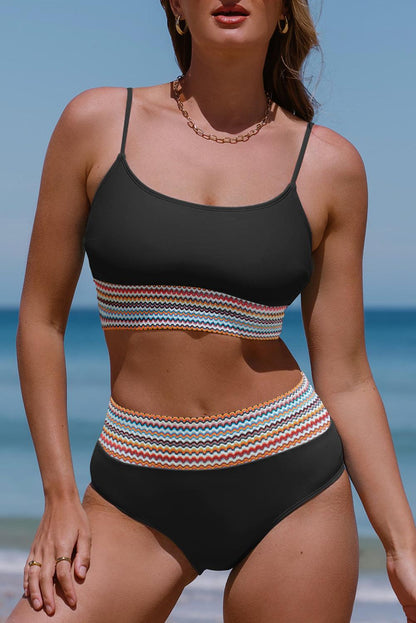 Black Striped Patchwork Spaghetti Strap High Waist Bikini Swimsuit - L & M Kee, LLC