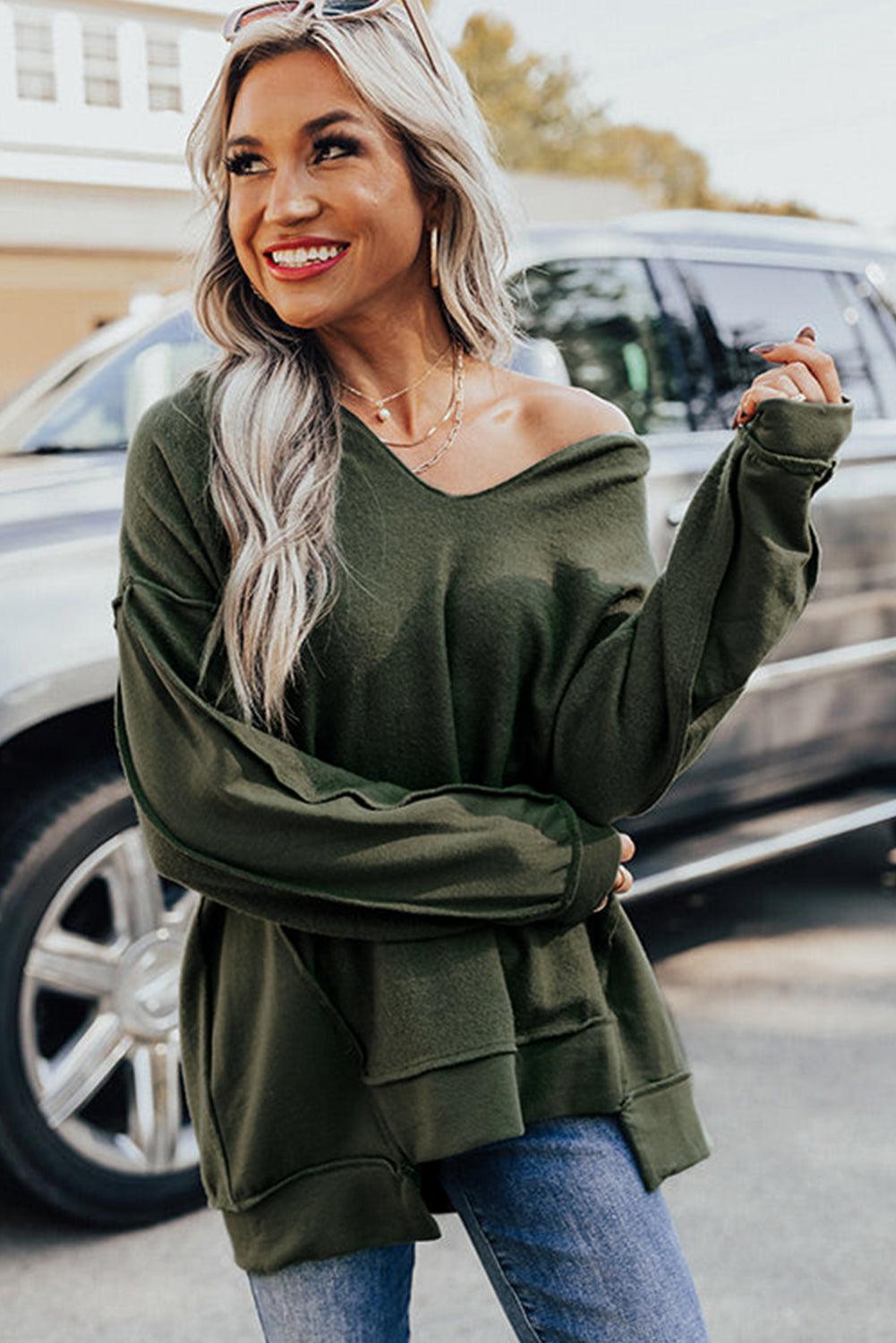 Green Expose Seam Detail Split Neck Long Sleeve Top - L & M Kee, LLC