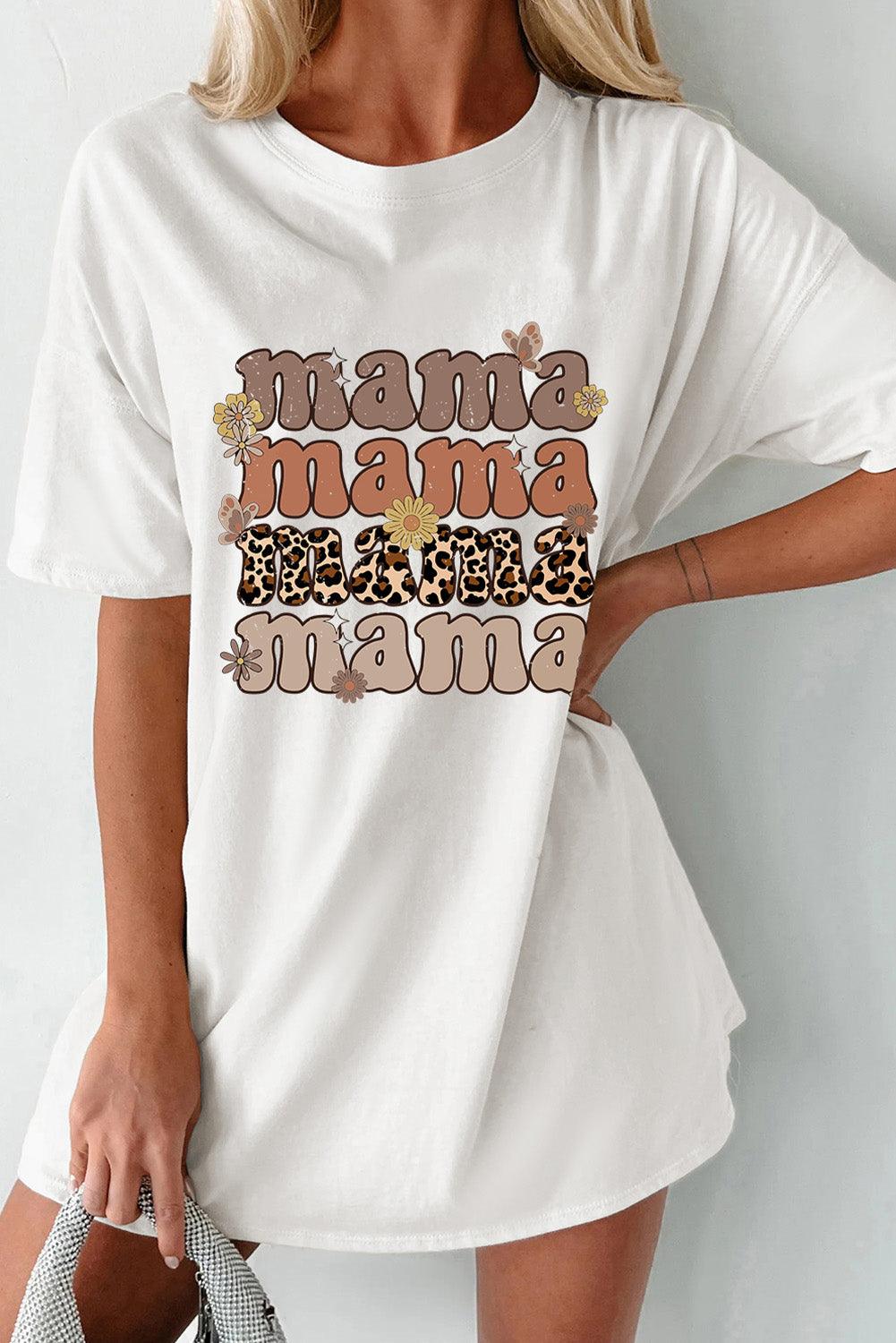 White mama Leopard Daisy Print Crewneck T Shirt - L & M Kee, LLC