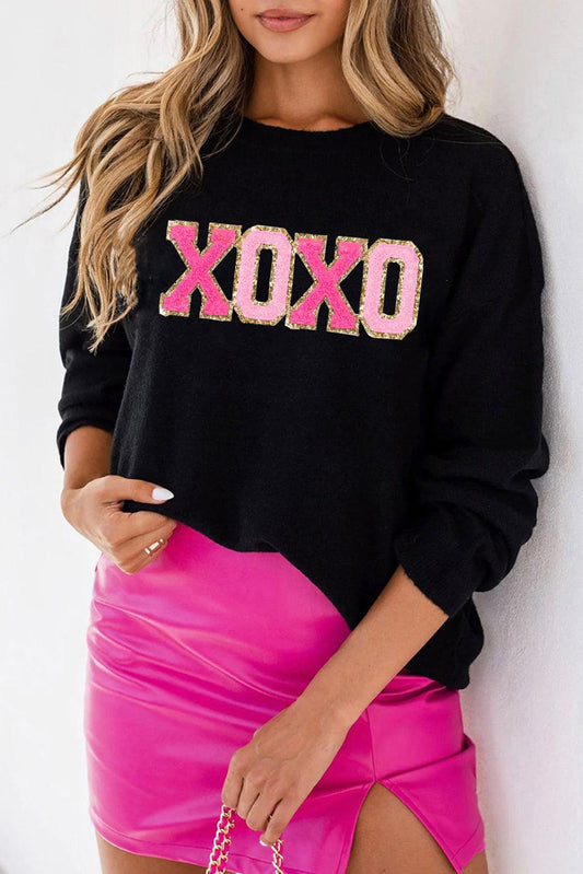 Black XOXO Glitter Print Round Neck Casual Sweater - L & M Kee, LLC