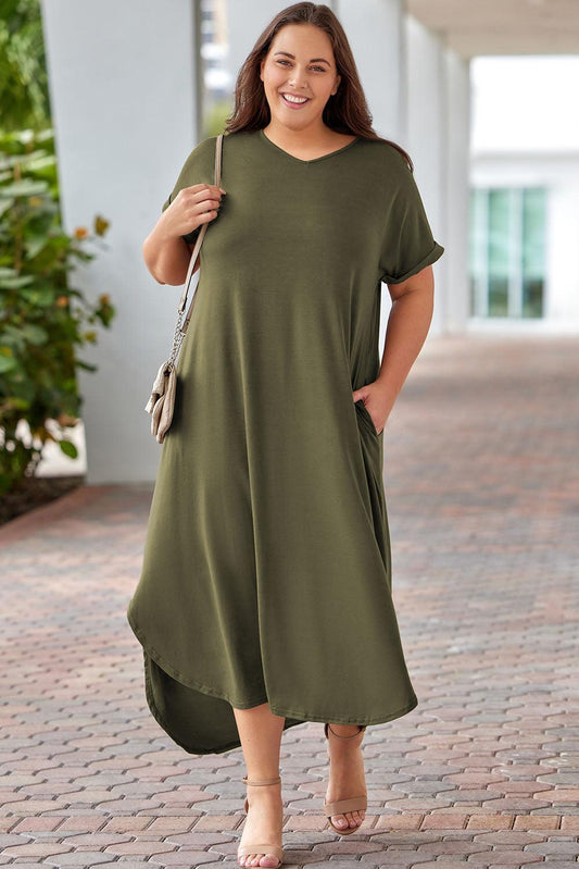 Plus Size V Neck Rolled Cuffs Maxi Dress - L & M Kee, LLC