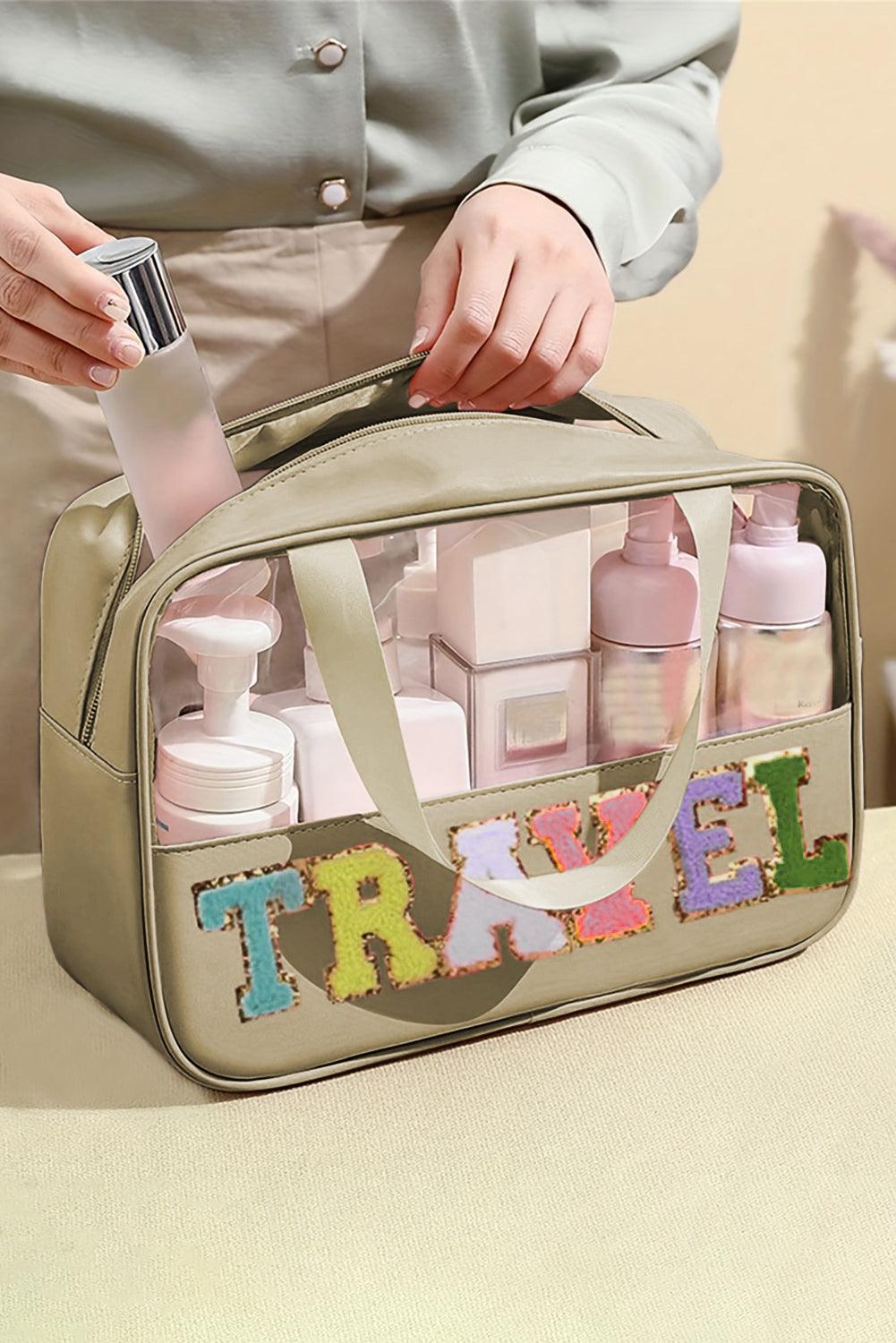 Light Pink TRAVEL Chenille Letter Clear PVC Makeup Bag - L & M Kee, LLC