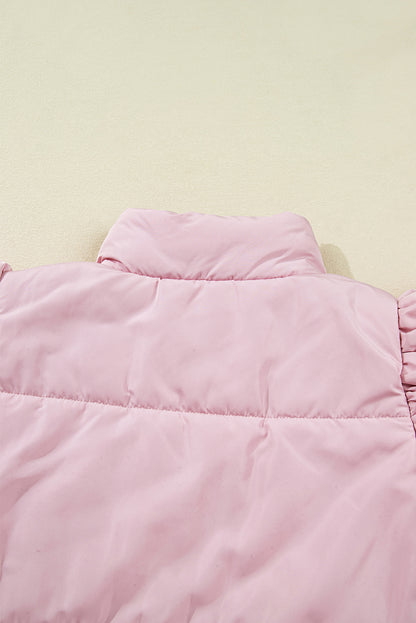 Pink Stand Neck Flutter Sleeve Snap Button Puffer Vest