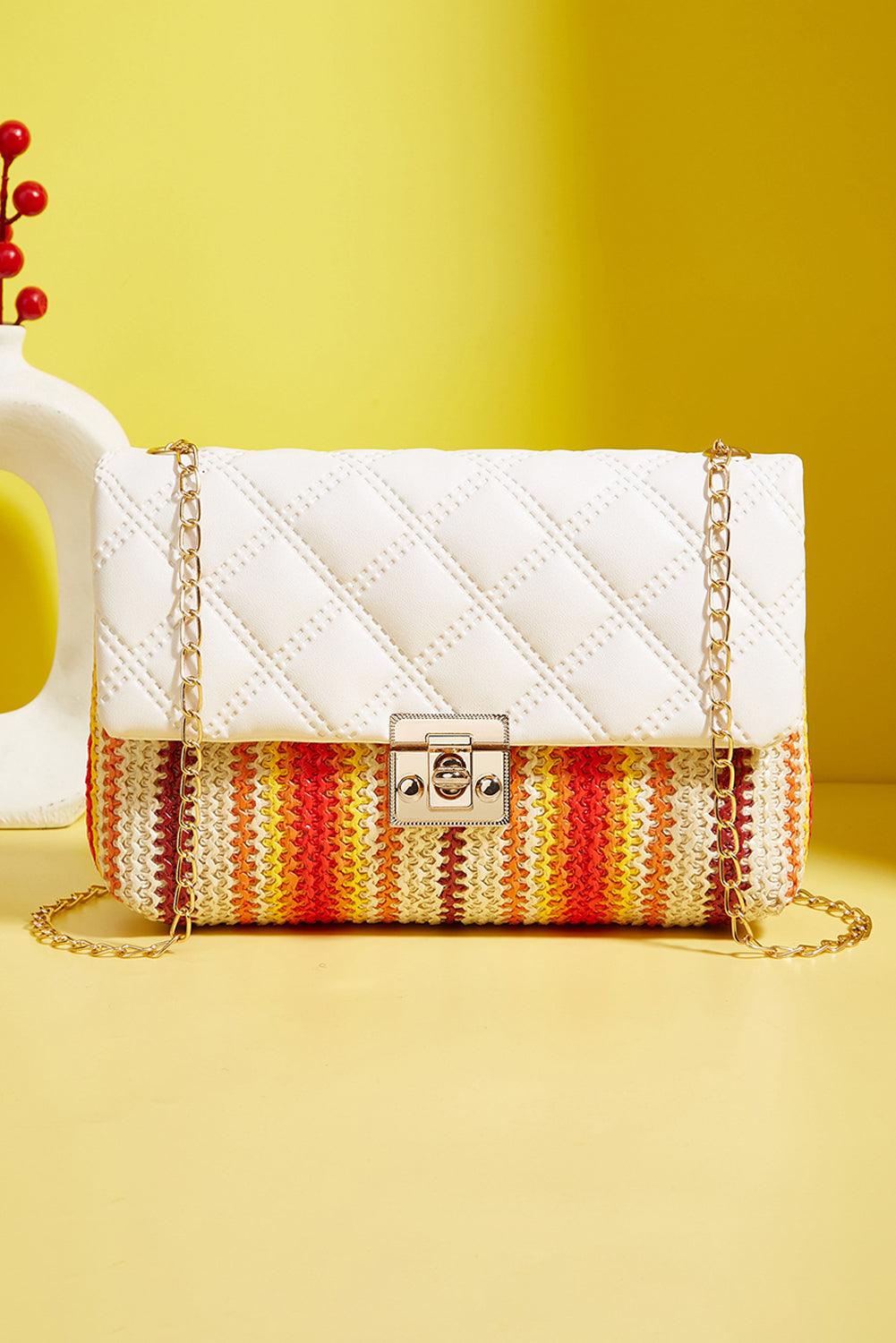 White Quilted Flap Printed Knit Chain Single Shoulder Bag