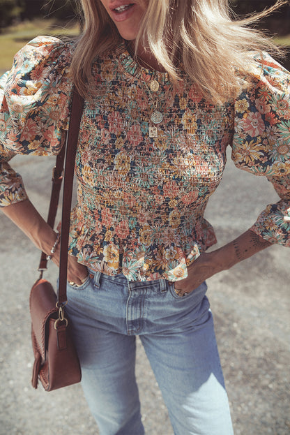 Yellow Floral Print Smocked Bubble Sleeve Ruffled Crop Top