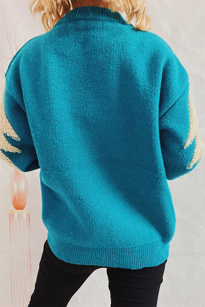 Peacock Blue Sequin Fuzzy Christmas Tree Tinsel Elk Drop Shoulder Sweater