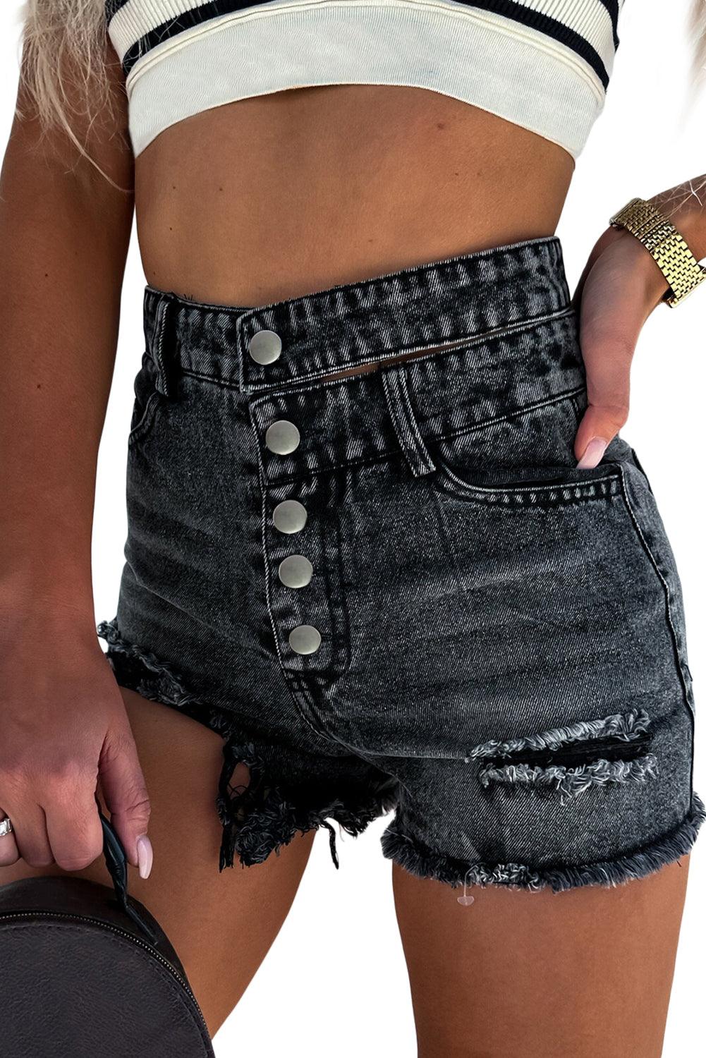 Black High Waist Multi Buttons Raw Edge Denim Shorts - L & M Kee, LLC