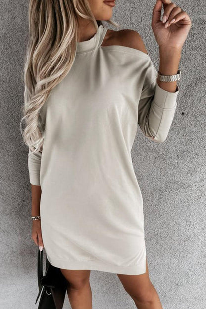 Khaki Single Cold Shoulder T-shirt Dress with Slits - L & M Kee, LLC
