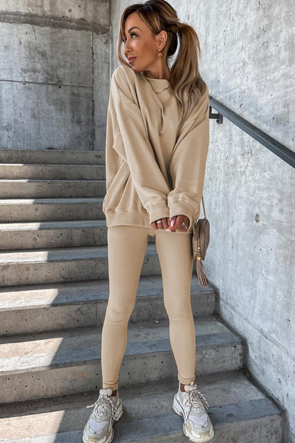 Beige Solid Sweatshirt and Leggings Two Piece Set - L & M Kee, LLC