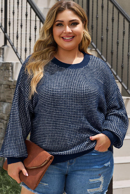 Blue Heathered Knit Plus Size Drop Shoulder Sweater - L & M Kee, LLC