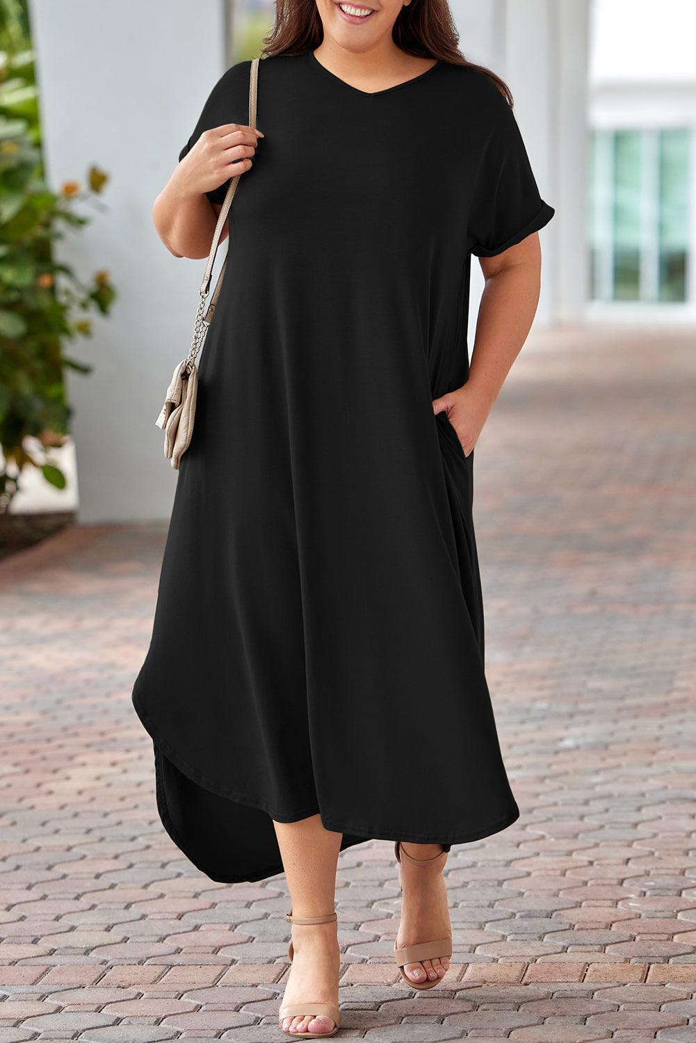 Plus Size V Neck Rolled Cuffs Maxi Dress - L & M Kee, LLC