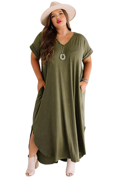 Plus Size V Neck Rolled Cuffs Maxi Dress - L & M Kee, LLC