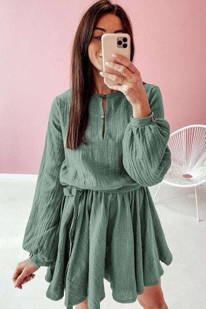 Pickle Green Button Neck Puff Sleeve Belted Pleated Mini Dress - L & M Kee, LLC