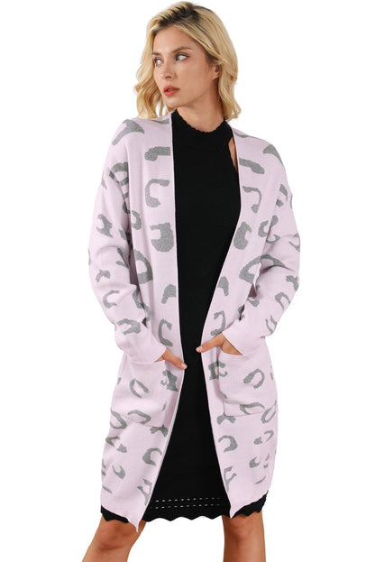 Pink Leopard Pocketed Open Front Long Cardigan - L & M Kee, LLC