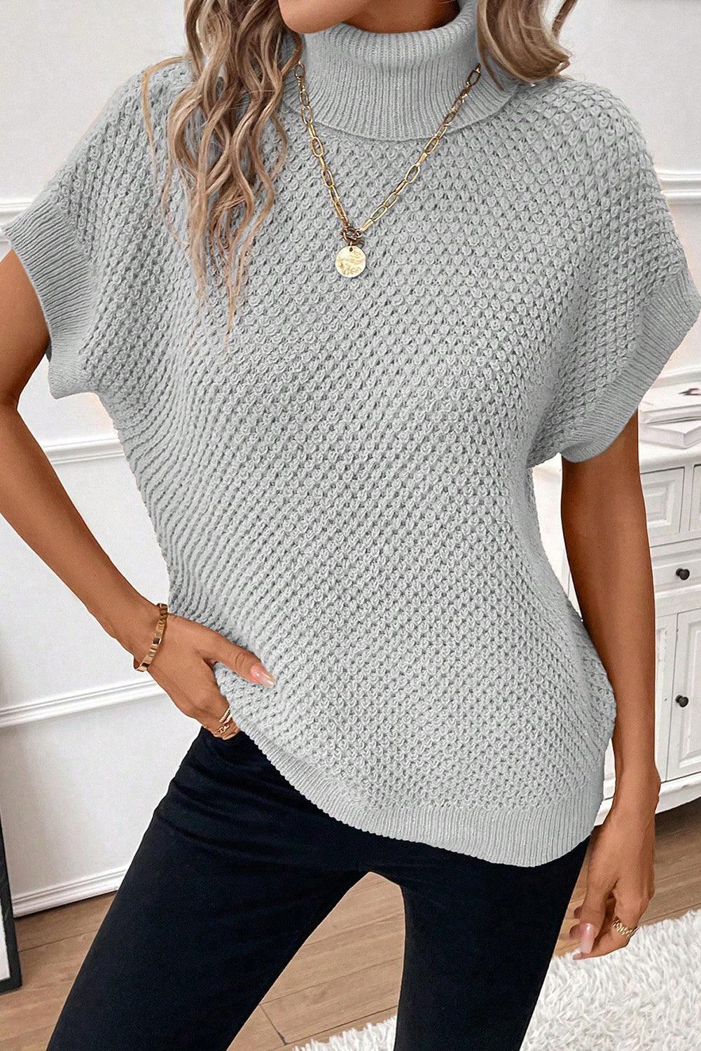 Light Grey Turtleneck Textured Short Sleeve Sweater - L & M Kee, LLC