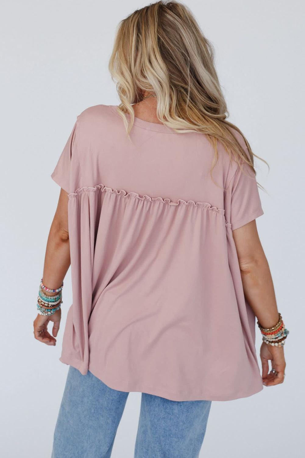 Light Pink Ruffled Trim Loose Babydoll Tee - L & M Kee, LLC