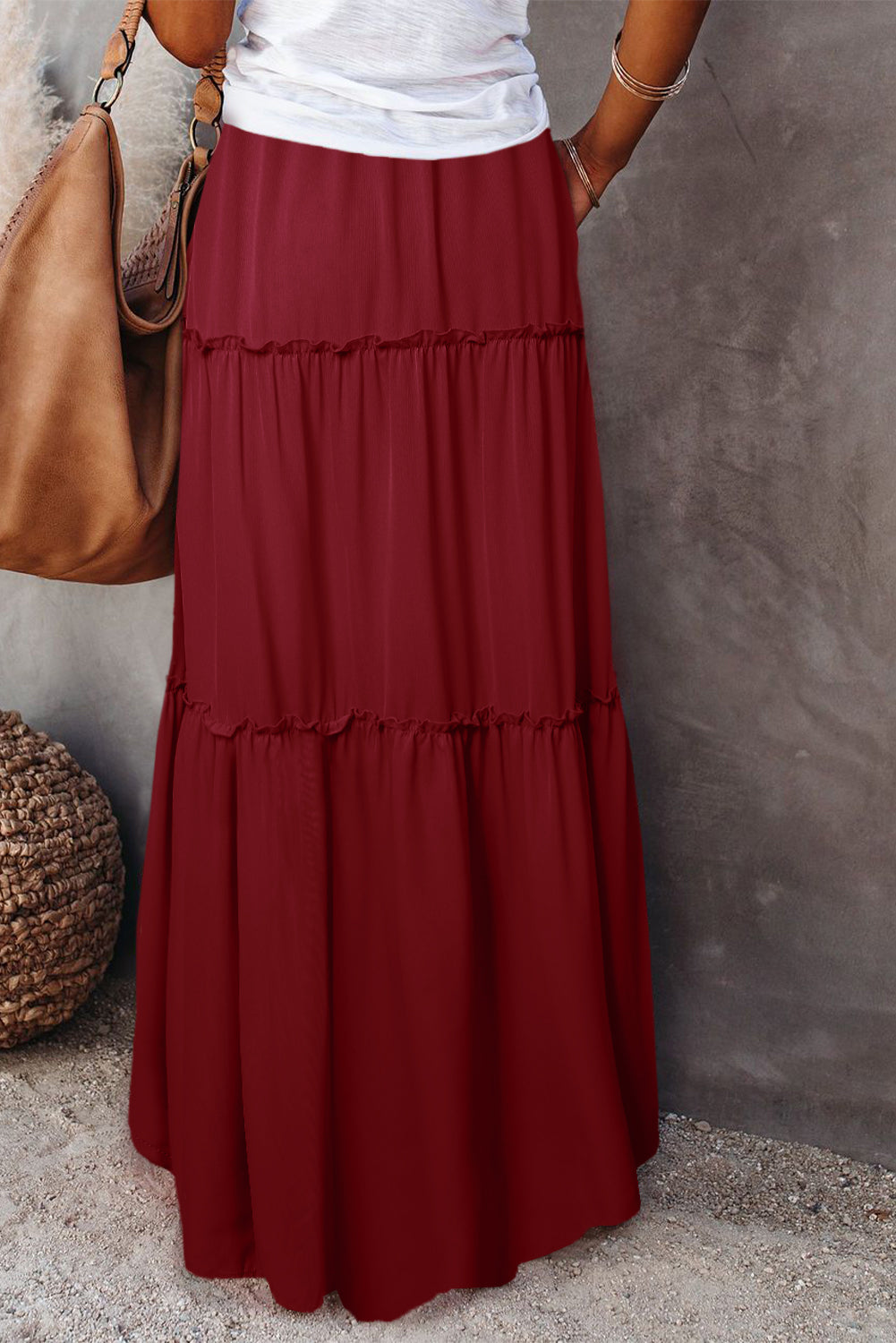 Fiery Red Black Frill Tiered Drawstring Waist Maxi Skirt